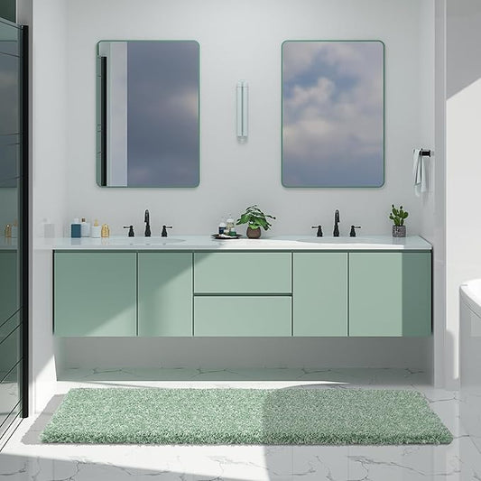 Yimobra Luxury Bathroom Rugs, Fluffy Bath Mats, Non Slip, Water Absorbent Microfiber, Machine Washable, Plush Runner Shower Rugs, Thick Matts for Bathroom Floor&Tub, 70"x 24", Light Green and White
