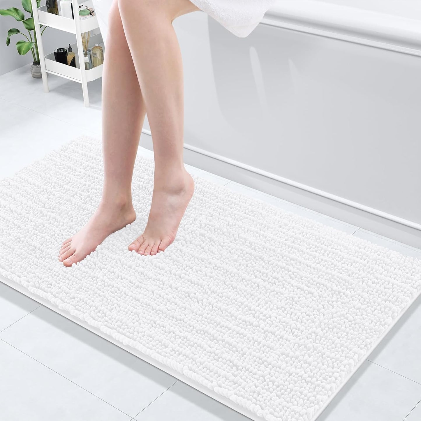 Arotive Luxury Chenille Bathroom Rug Mat, Extra Soft Thick Absorbent Shaggy Bath Rugs, Non-Slip Machine Wash Dry, Plush Bath Mats for Bathroom, Shower and Tub, 47x20, White