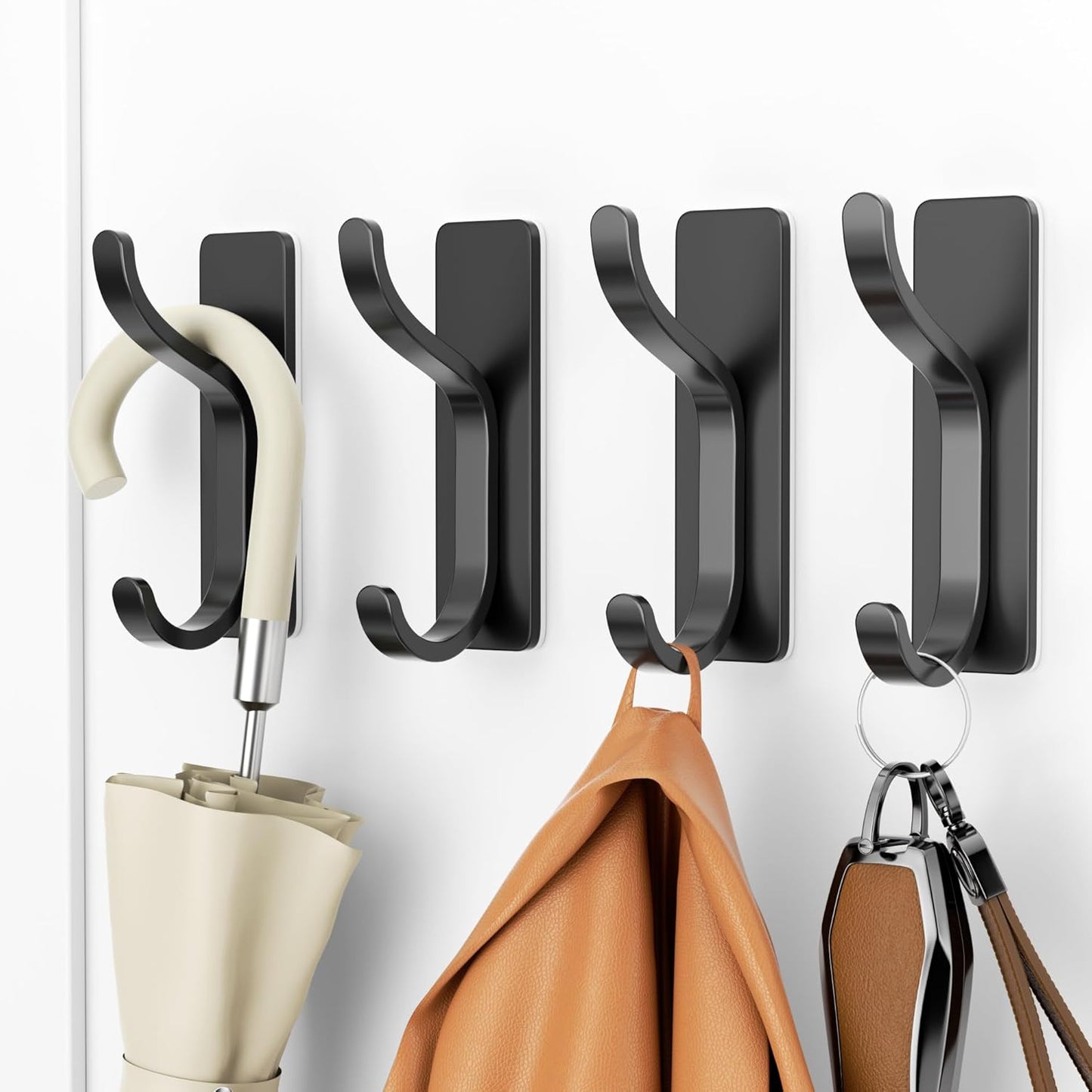 pickpiff Adhesive Wall Coat Hooks - Heavy Duty Stick-On Door Hanger, Black Metal Hook for Hanging Towel,Purse, Robe, Backpack, Jacket, Clothes - for Bathroom,Dorm, Closet, Kitchen - 4 Pack