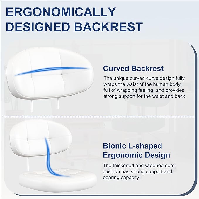 Misolant Vanity Chair with back, Small Armless Cute office Chair with wheels and Lumbar support, Comfy PU Leather Desk Computer Chairs with Adjustable Height, 360°Swivel for Home Bedroom Office, White