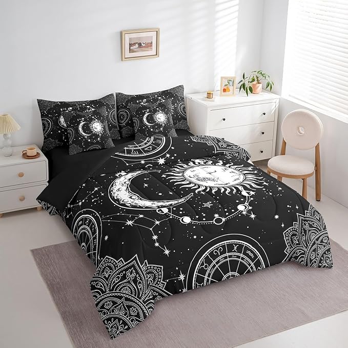 Sun and Moon 7 Piece Bedding Set, Constellation Galaxy Comforter Set Cover for Kids Boys Girls Teens Psychedelic Boho Mandala Bedding Set Celestial Black White Full Size