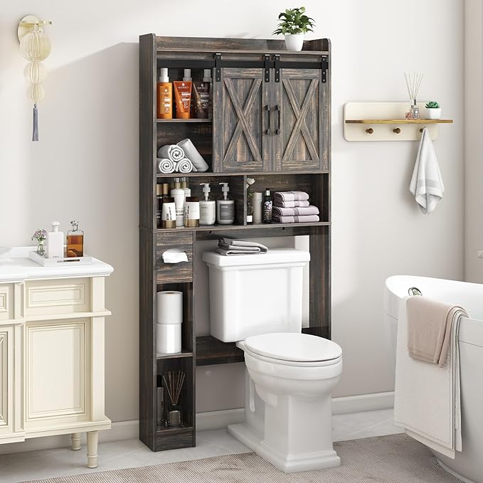 Over The Toilet Storage Cabinet, Farmhouse Storage Cabinet Over Toilet with Sliding Door& Toilet Paper Holder Stand，Home Space-Saving Toilet Rack, for Bathroom, Laundry and Restroom