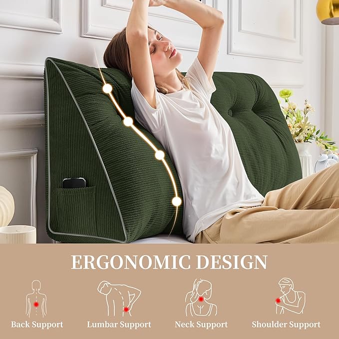 Sasttie Headboard Pillow Queen, Triangular Wedge Pillow Headboard, Wedge Headboard Pillow for Bed Sofa, Daybed Pillows for Sitting up, Reading or Working with Removable Cover, Olive Green