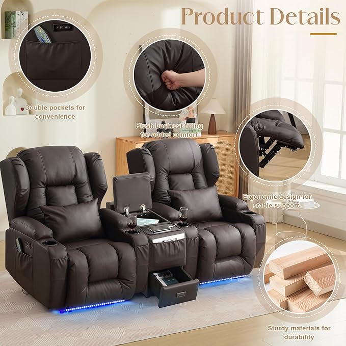Wall Hugger Power Recliner Chair, Home Theater Seating Electric Recliing Sofa with Massage & Heat, Cup Holder, USB Port, LED Ambient Light, Storage for Living Room (Brown, 2 Chairs + Console)