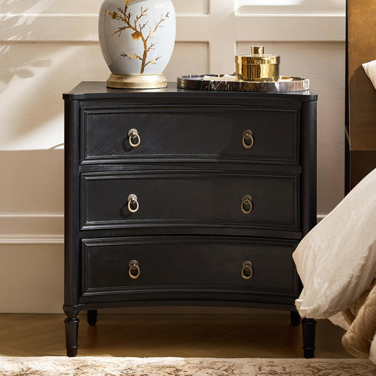 HULALA HOME 3 Drawer Nightstand with Charging Station, 26" Wide Nightstand with Solid Wood Legs and Curved Profile, Classic Bedside Table for Living Room Bedroom, Black