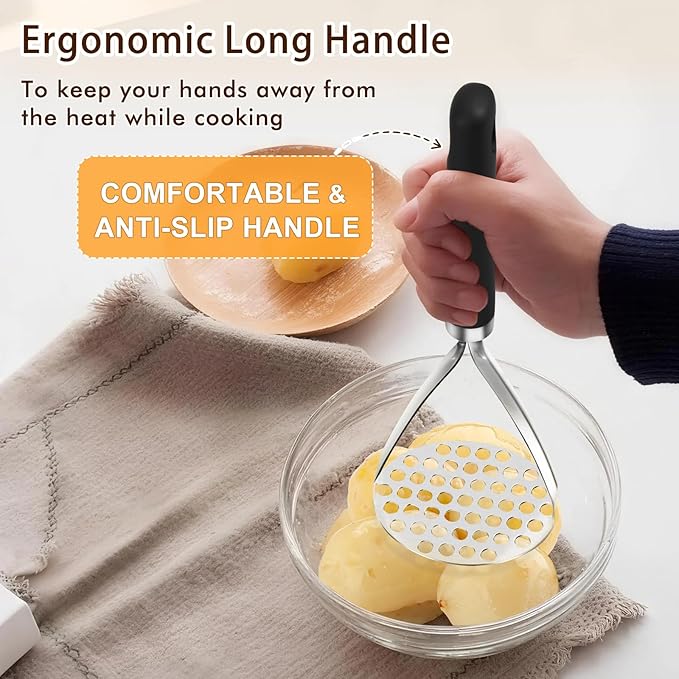 Heavy Duty Stainless Steel Potato Masher, Sturdy Metal Potato Smasher with Silicone Handle, High Heat Resistant Cooking Utensils for Kitchen Use, Dishwasher Safe, Easy to Clean, Silver