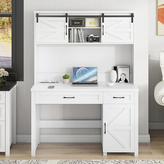 Farmhouse 47" Executive Desk, Computer Desks with 2 Drawers and Storage Cabinet, Home Office Desk with Hutch and Charging Station, Workspace for Work and Study. (Cream White)