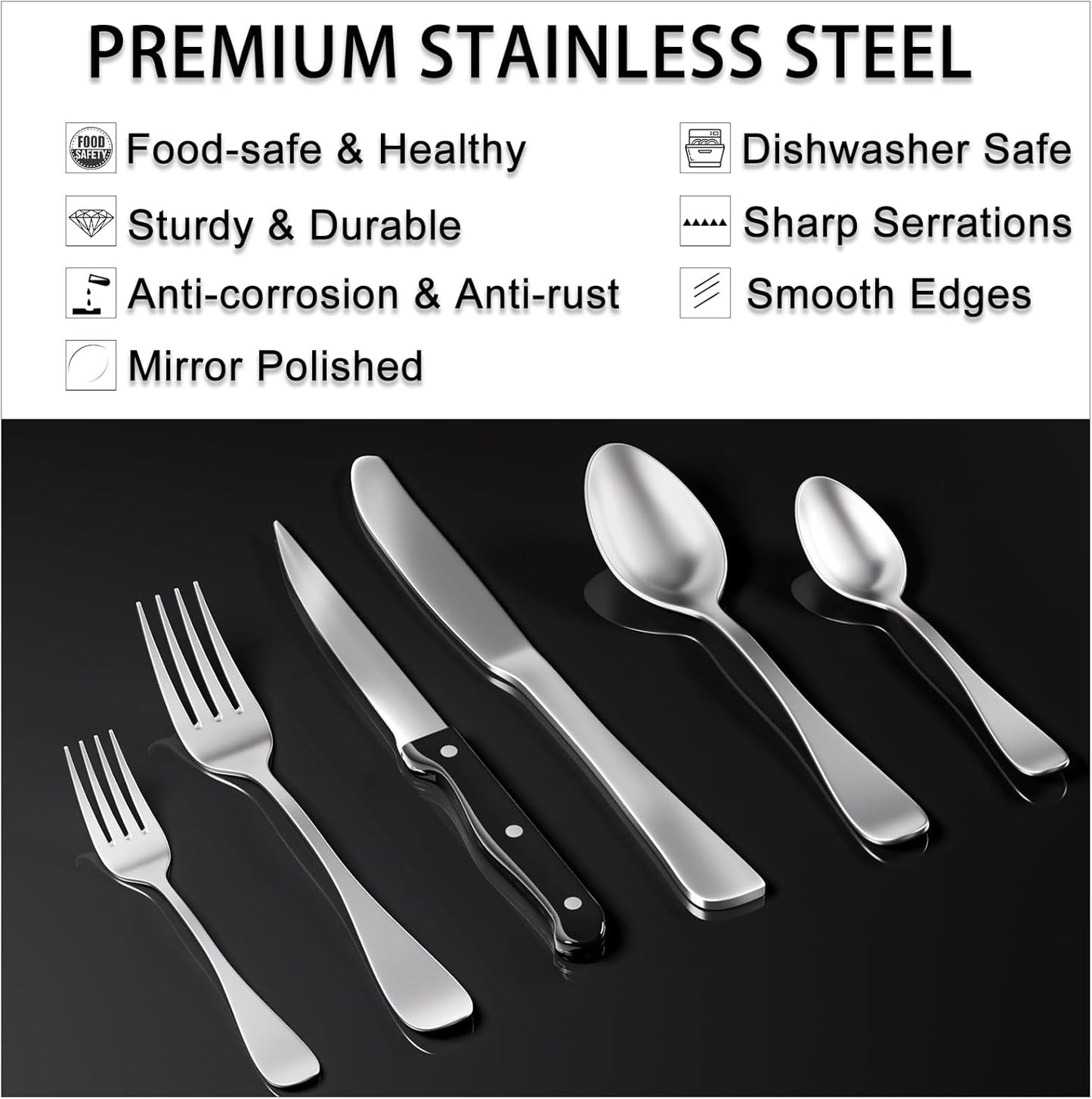 49PCS Silverware Set with Organizer, Stainless Steel Flatware Drawer Cutlery Set for 8, Kitchen Utensils with Steak Knives Mirror Polished Dinner Knife Forks Spoons Tableware Service Tray