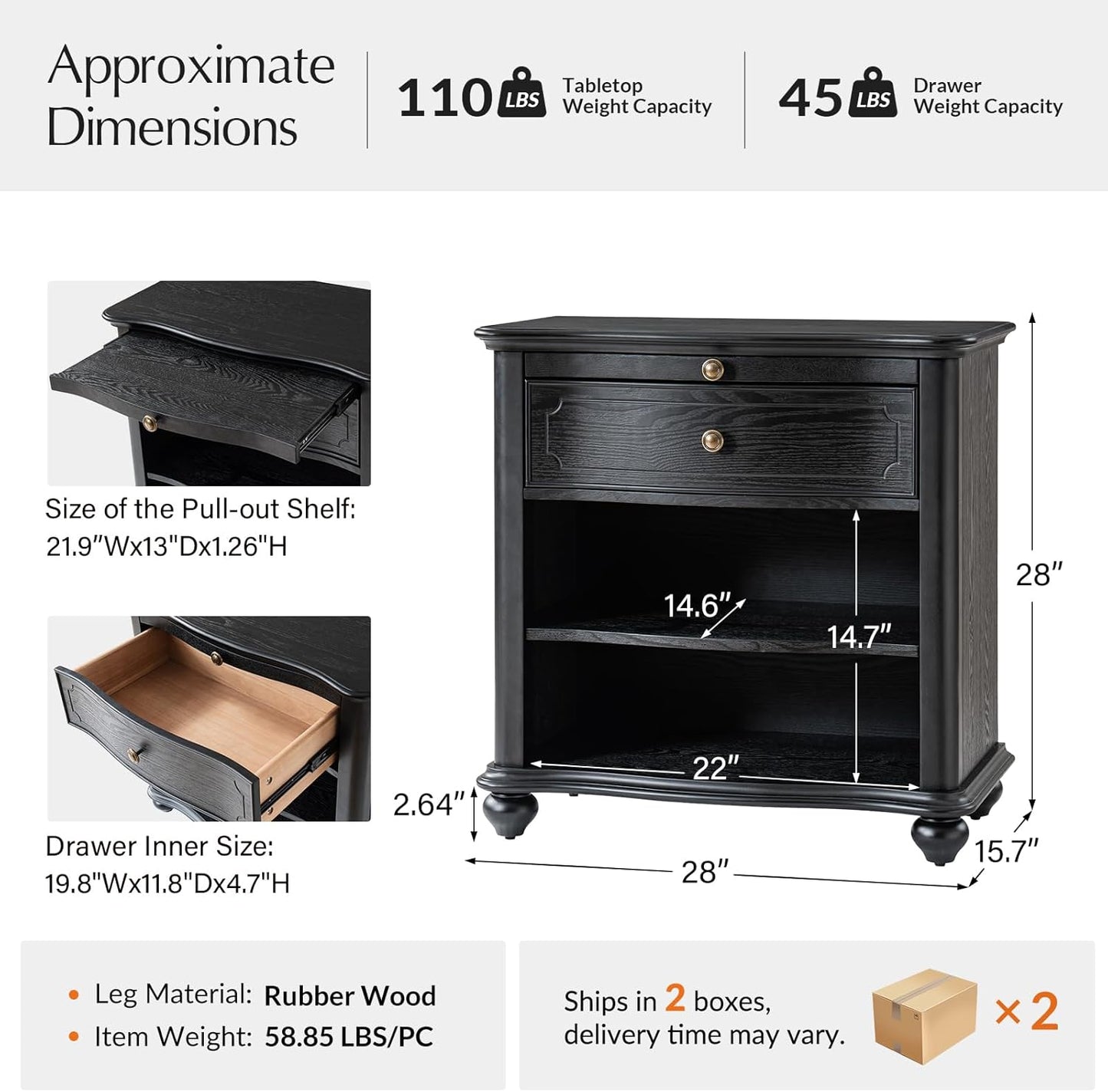 HULALA HOME Wooden Nightstand with Pull-Out Shelf, Mid Century Modern Nightstand with Solid Wood Drawers and Legs, Adjustable Storage Set of 2, Black