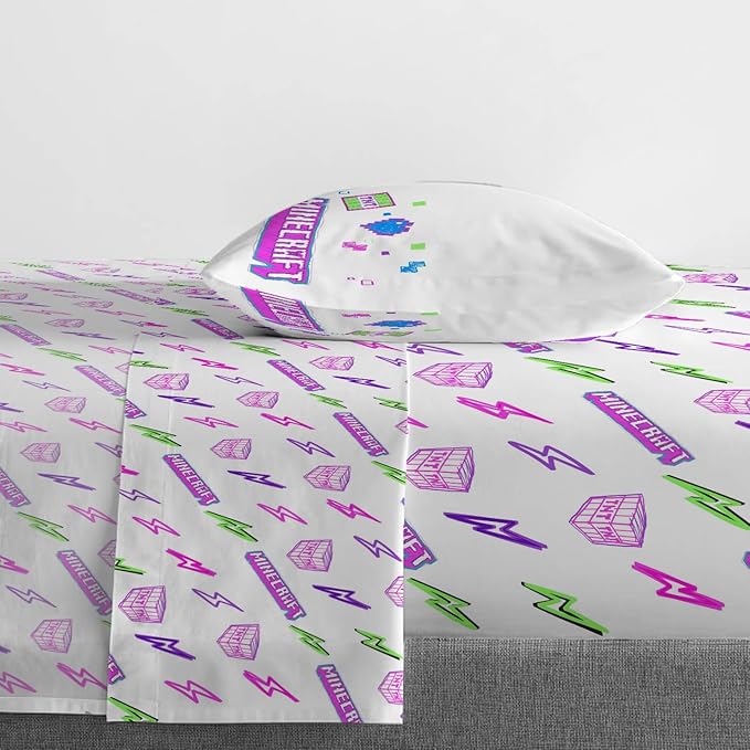 Jay Franco Kids Sheet Set with Fitted, Flat Sheets & Pillow Cover - Ultra-Soft Bedding with Pillowcase for Room Decor, Purple - Minecraft, 3 Piece Twin