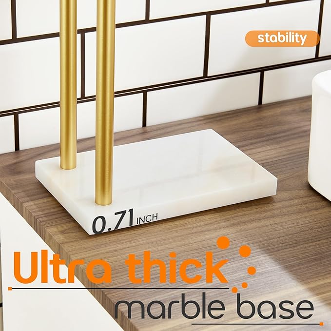 Hand Towel Bars for Bathroom Vanity Countertop 2-Tier Towel Rack Holders Stand with Heavy Marble Base Thicken Steady, Brushed Gold Stainless Steel AN7003GD