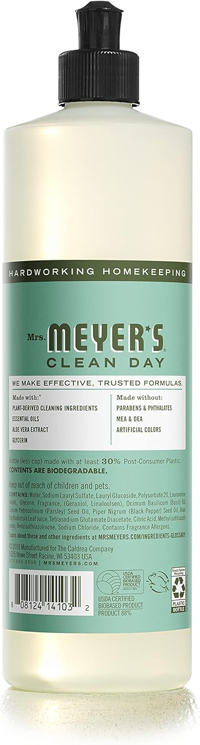 MRS. MEYER'S CLEAN DAY Liquid Dish Soap, Biodegradable Formula, Basil, 16 fl. oz - Pack of 3