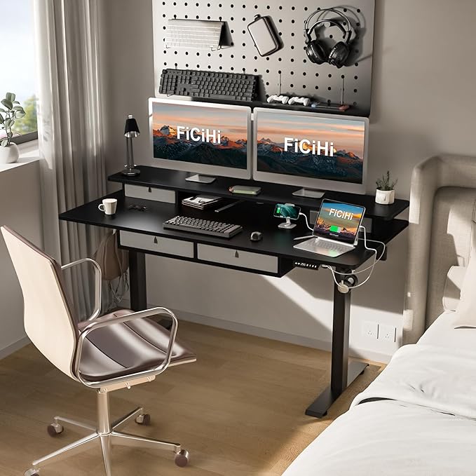 Adjustable Height Standing Desk with 4 Drawers & Wheels,63 x 30 inches Electric Sit Stand Home Office Desk with Two Tiers, 3 Memory Presets, Monitor Stand Riser, USB A/C Charging Port