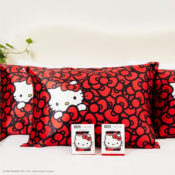 Kitsch x Hello Kitty Sea of Bows - Satin Pillowcase with Zipper for Hair and Skin, Softer Than Silk, Smooth Cooling Pillow Covers, Machine Washable - Queen/Standard Size (19x26)