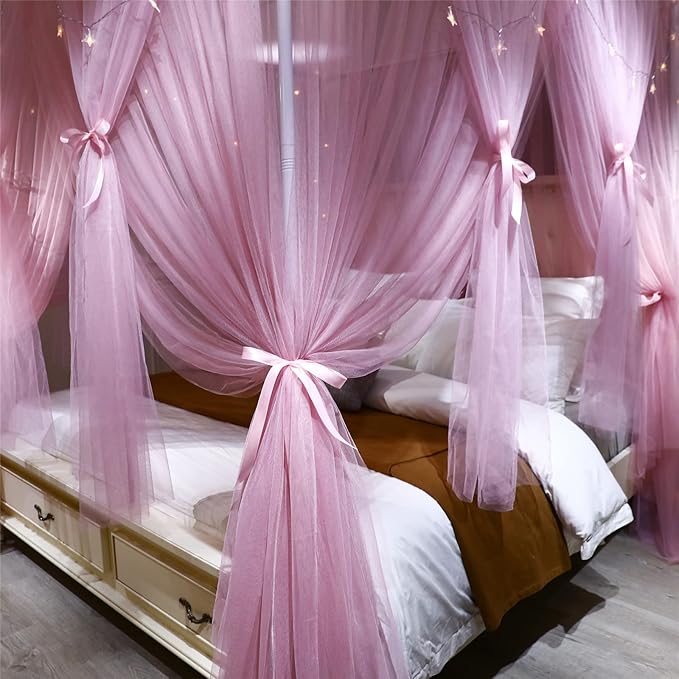 VETHIN 4 Corners Post Princess Bed Canopy Curtain Double Layer Cozy Drape Netting 4 Opening Mosquito Net for Girls & Adults Bedroom Decoration Accessories (Double Pink, 59" W*82" L*82"*H/(Queen))