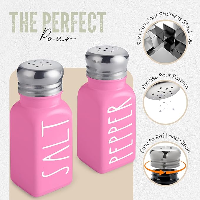 Pink Salt and Pepper Shakers Set by Brighter Barns - Modern Kitchen Decor and Accessories - Cute Glass Shakers - Vintage Decor for Home, Restaurants, Housewarming Gifts & Stainless Steel Lids (Pink)