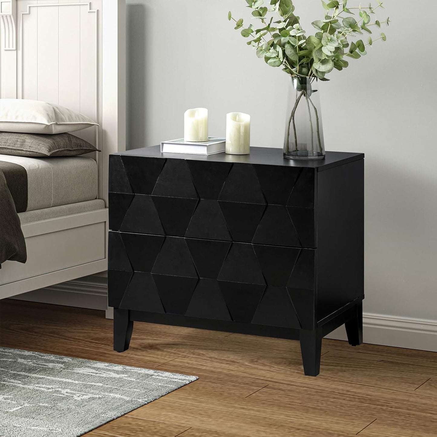 HULALA HOME Wood Nightstand with Charging Station 2 Drawer Dresser with Wooden Legs Mid Century Modern Bedside French Style End Table for Bedroom, Black