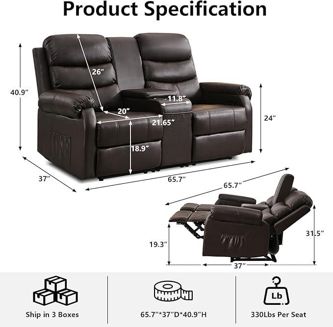 Loveseat Reclining Sofa, Home Theater Seating with Center Console, RV Recliner Sofa with Cup Holders and Pockets, Manual Double Seater Recliner for Living Room, Motor Home, Cinema(Brown)