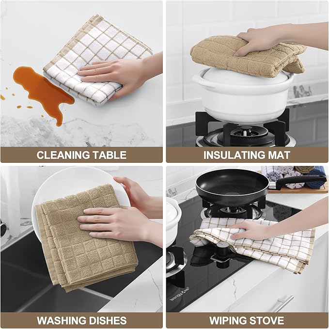 Homaxy Premium Cotton Kitchen Towels 16"x 28", Large Natural Ring Spun 390 GSM Dish Towels, Super Absorbent Terry Kitchen Hand Towels, Soft Tea Towel with Hanging Loop, Tan Check Design, 6 Pack