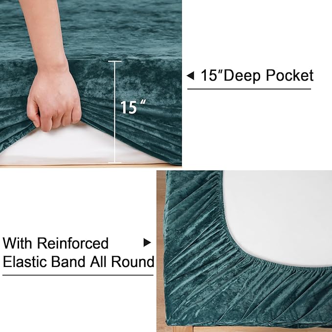 PHF Truly Velvet Fitted Sheet Only King Size, Luxury Super Soft Cozy Fuzzy Flannel Bottom Sheet, Deep Pocket Up to 16",Strenghth Elastic Band, Suitable for Fall Winter Spring, No Pillowcases, Teal