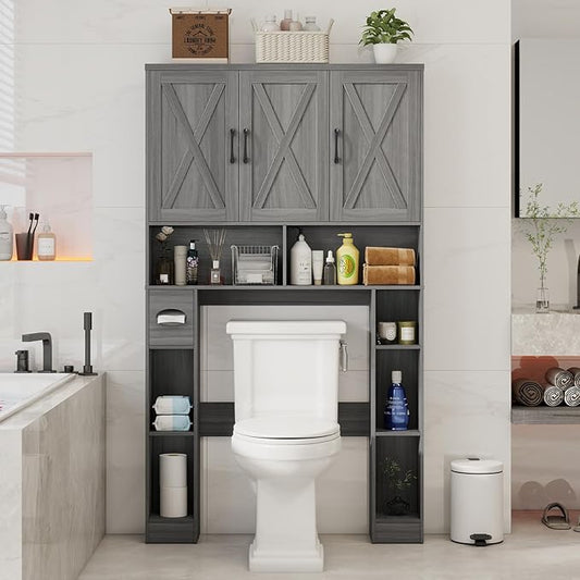 Over The Toilet Storage Cabinet, Farmhouse Toilet Cabinet Rack with 3 Barn Doors, Space Saving Bathroom Organizer with Shelves, Toilet Paper Holder and Towel Rack for Bathroom,Restroom,Laundry