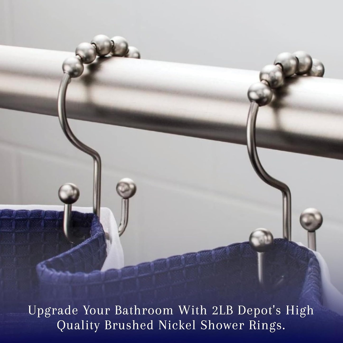 2lbDepot Double Sided Shower Curtain Hooks, Decorative Brushed Nickel Shower Curtain Hooks Rust Proof, Premium Stainless Steel Metal Hooks, Easy Glide Rollers, Set of 12 Curtain Rod Rings
