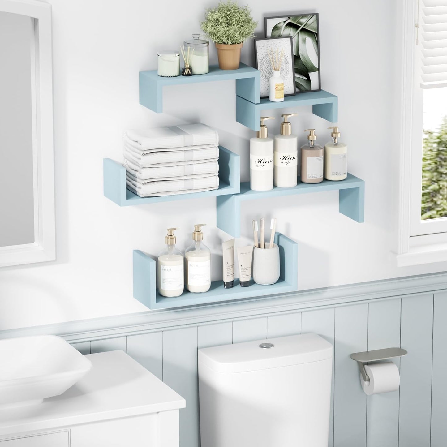 SRIWATANA Floating Shelves for Wall, Wall Shelves for Bathroom, Bedroom, Living Room, Kitchen, Office, Wood Shelves for Wall Decor Set of 5 (Blue)