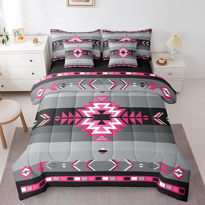 Southwest Native American Bedding Set Full Southwestern Geometric 7 Piece Bedding Set Decor Tribal Rose Pink Grey Black Bed Set Includes Comforter, Sheet Set, Pillowcases & Pillow Covers Modern Art