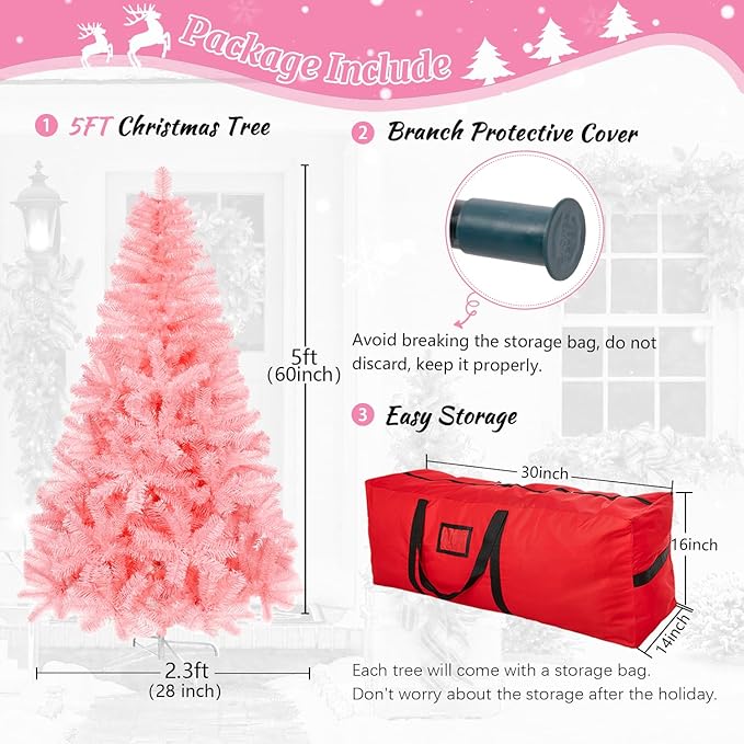 5ft Pink Artificial Christmas Tree, Arbol de Navidad with 600 Branch Tips, Fake Christmas Tree, Premium Spruce Xmas Tree with Fold-Able Metal Base Stand