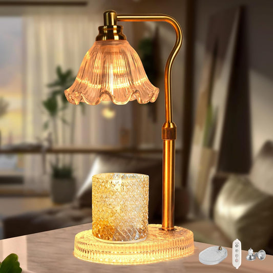Candle Warmer Lamp with Timer: Adjustable Height and 4 Dimmer, Crystal Glass Base, Heater Wax Warmer for Jar Scented, Home Décor and Housewarming & Birthday Gift for Mom Woman, 2 Bulbs (White Flower)