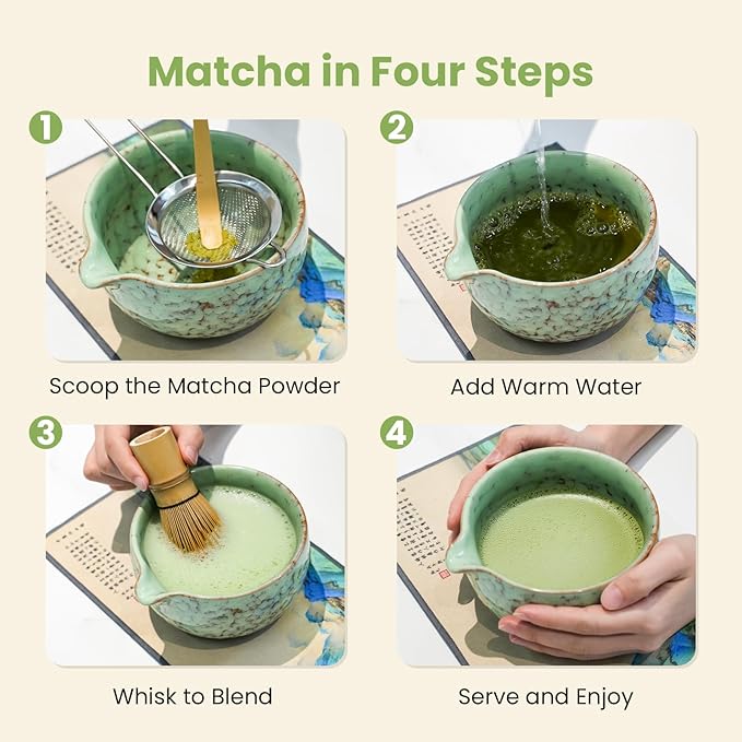 Matcha Whisk Set, Green Matcha Set (9 Pcs) Includes Matcha Bowl, Whisk & Holder, Scoop, Sifter, Spoon, Scoop Rest, Tea Mat, Hand Book - Ideal Ceramic Matcha Kit for Matcha Lovers