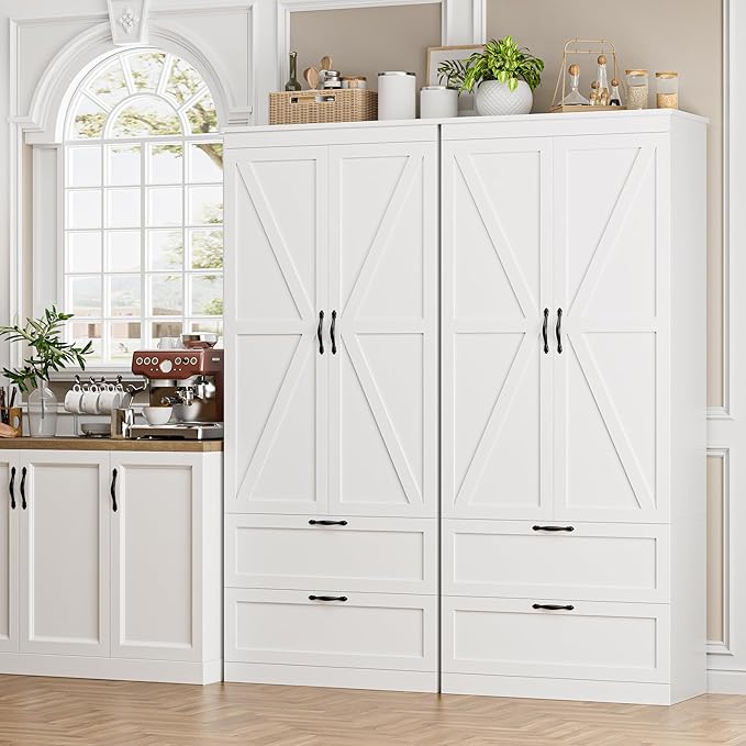 HOSTACK 70" Tall Kitchen Pantry Storage, Barn Doors Pantry Cabinet with Drawers and Adjustable Shelf, Modern Farmhouse Storage Cabinet for Kitchen, Dining Room, Living Room, Bathroom, White