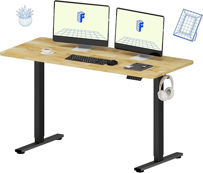 FLEXISPOT EN1 One-Piece Solid Wooden Standing Desk 55 x 24 Inches Height Adjustable Electric Sit Stand Home Office Desks (Black Frame + Rubber Wood Top, 2 Packages)