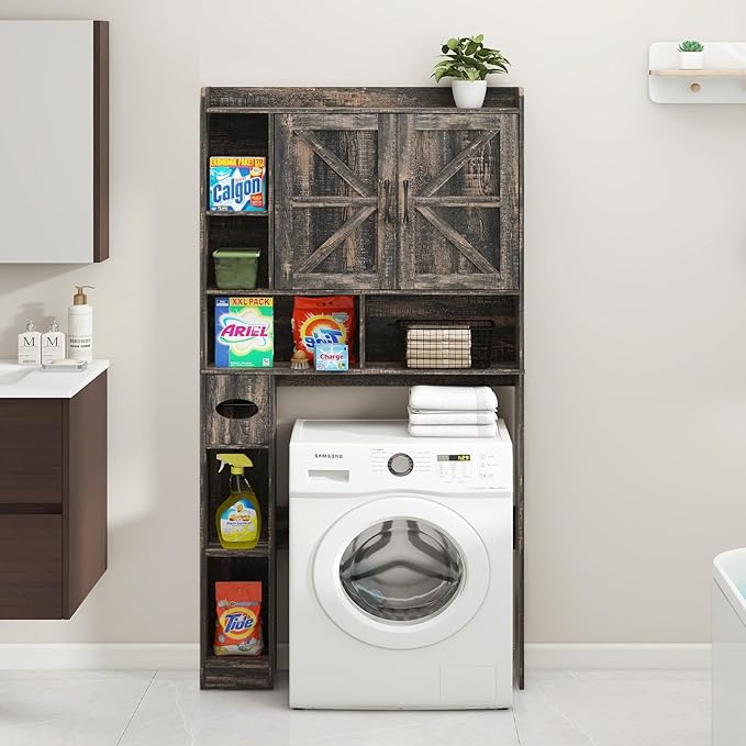 Over The Toilet Storage Cabinet, Farmhouse Storage Cabinet Over Toilet with 2 Barn Doors & Toilet Paper Holder Stand，Home Space-Saving Toilet Rack, for Bathroom, Restroom, Laundry