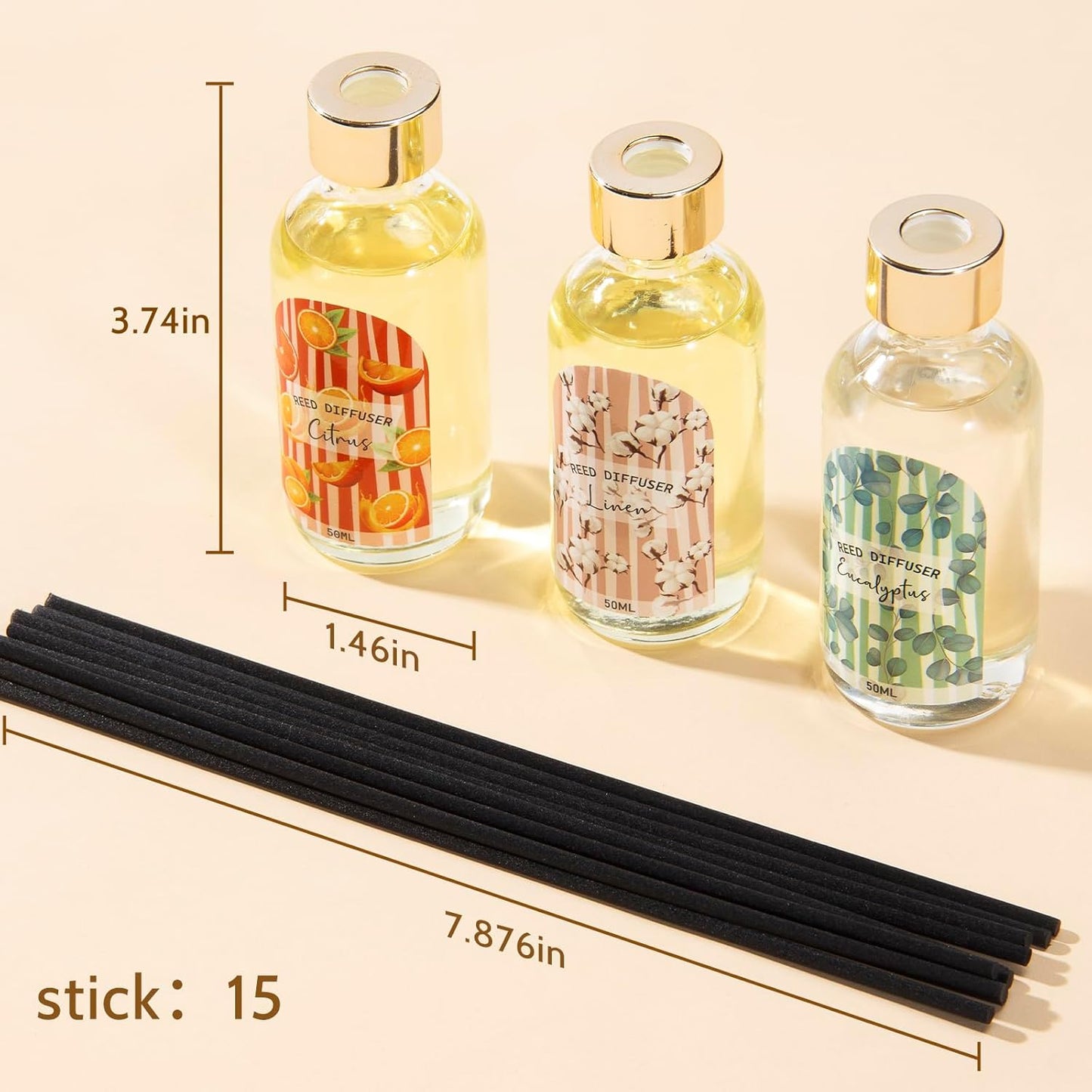 3 Pack Reed Diffuser Set, Linen Eucalyptus Citrus Scented Oil Reed Diffusers for Home, Bathroom, Office Decor, Aromatherapy Diffuser with 15 Sticks, 1.7 Fl. Oz Each, Total 5.1 Fl. Oz