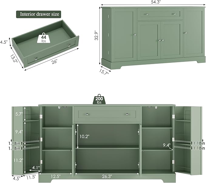 HITHOS 54" Buffet Cabinet with Storage, Modern Kitchen Buffet Sideboard with Drawer, Wood Coffee Bar Station with Adjustable Shelves, Kitchen Storage Cabinet for Living Room, Green