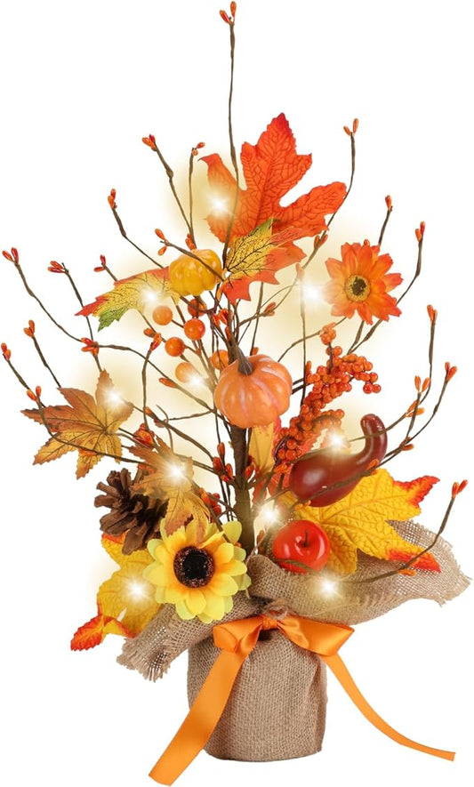 18 Inch Fall Table Tree, LED Lighted Fall Tree with Sunflowers Maple Leaf Pumpkin,Artificial Fall Tree for Autumn Harvest Thanksgiving Home Decor