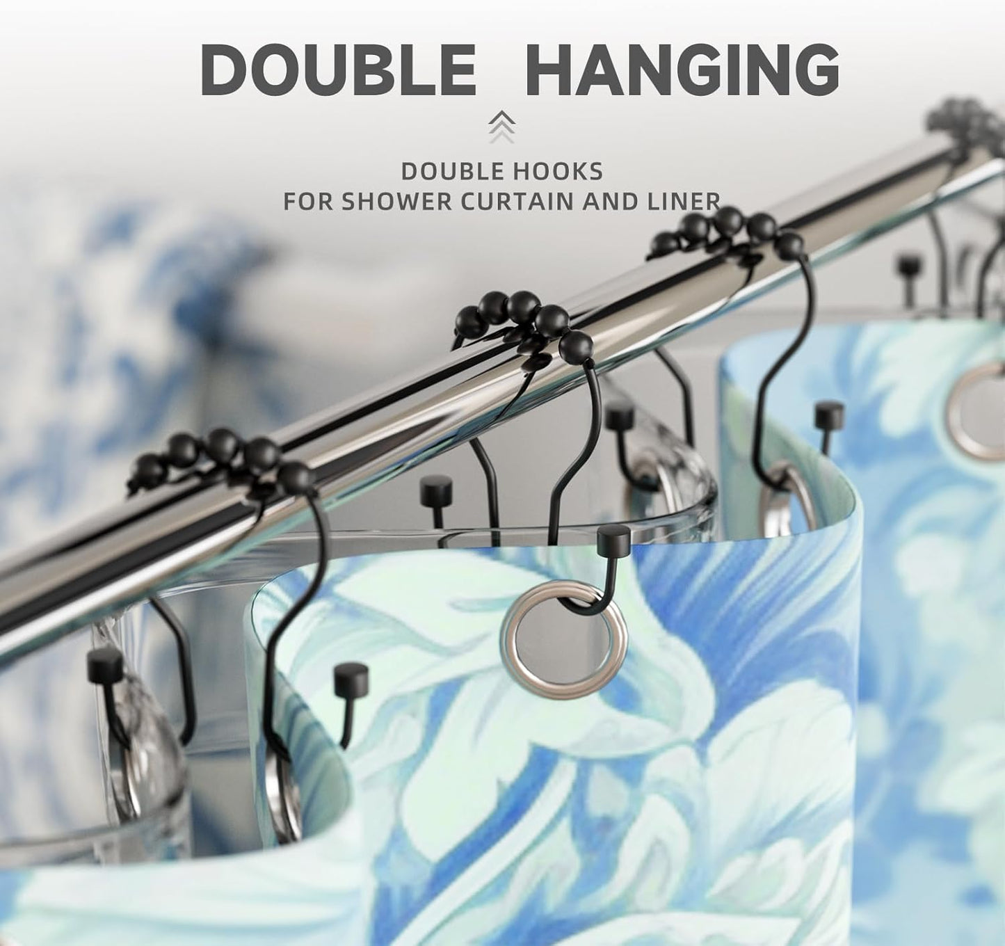 Shower Curtain Hooks, Shower Curtain Rings Rust Proof Double Hook Shower Curtain Hooks with Clindrical Design, 12 Pcs Black Shower Hooks for Shower Curtain, Metal Shower Rod Hooks