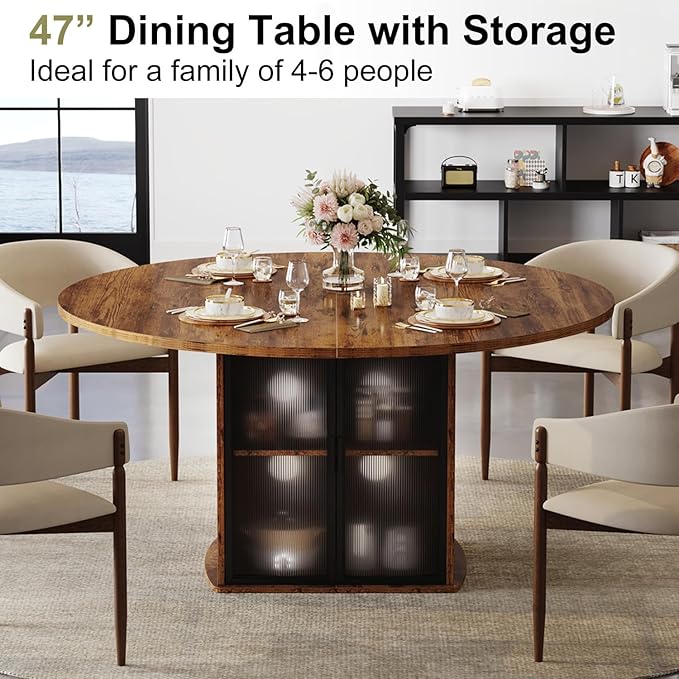 IBF Round Dining Table with Fridge Space, Wood Kitchen Table with Storage Shelf, Rustic Circle Dining Room Tables for 4, Farmhouse Circular Dinner Tables for Home, Rustic Brown, 47 Inch, Only Table