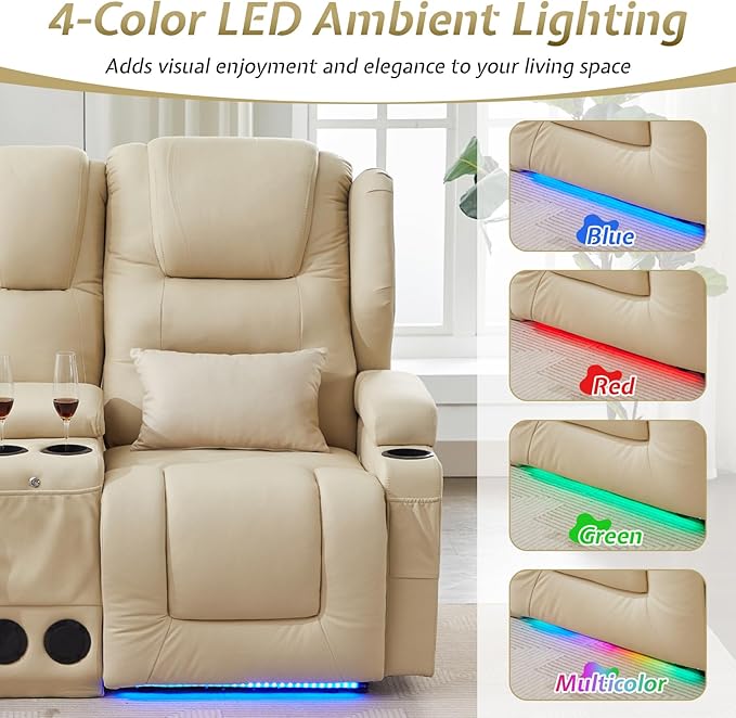 SAMERY Power Loveseat Recliner Sofa with Adjustable Split Back, USB Charging, Bluetooth Speakers & LED Lighting – Home Theater Seating with Storage, Cup Holders, Beige Fabric Loveseat Recliner