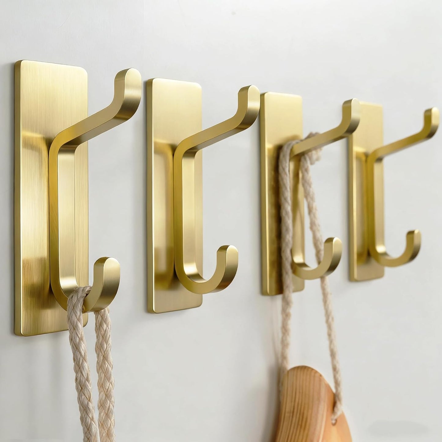 Self Adhesive Wall Hooks for Hanging: Extra Strong 13 LB, Hook for Coat, Towel in Bathrooms, Shower, Kitchen, Wall, Door Hook, Brushed Gold 4 Pack
