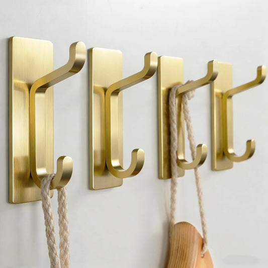 Self Adhesive Wall Hooks for Hanging: Extra Strong 13 LB, Hook for Coat, Towel in Bathrooms, Shower, Kitchen, Wall, Door Hook, Brushed Gold 4 Pack