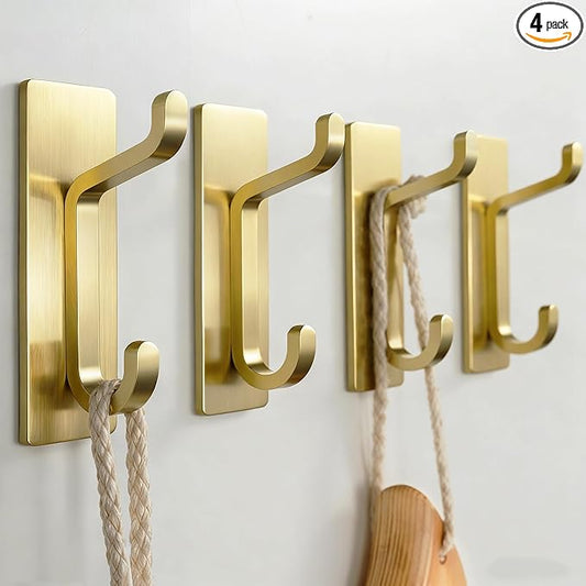 Self Adhesive Wall Hooks for Hanging: Extra Strong 13 LB, Hook for Coat, Towel in Bathrooms, Shower, Kitchen, Wall, Door Hook, Brushed Gold 4 Pack