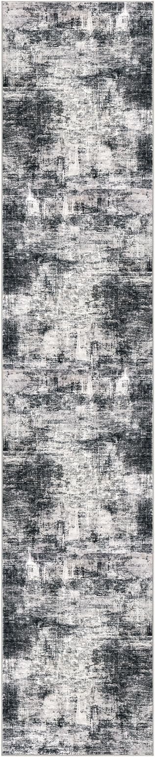 IOHOUZE Abstract Runner Rug 2x10 Ft Washable Runners for Hallways, Non Slip Kitchen Runner Printed Faux Wool Entryway Runner Indoor, Modern Abstract Floor Carpet for Hall Kitchen, Black Gey