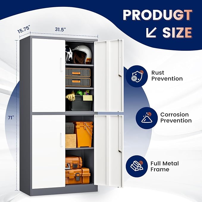 Yizosh Metal Storage Locking Cabinet with 4 Doors and 2 Adjustable Shelves,71" Lockable Garage Tall Steel Cabinet,for Home Office,Living Room,Pantry,Gym,Commercial Storage (Gray White)