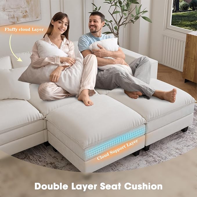 137",U Shaped Couch,Modern Modular Sectional Sofa, 4-Seater Comfy Cloud Couch with Two Movable Ottoman & Throw Pillows for Living Room, Bedroom and Apartment, Beige