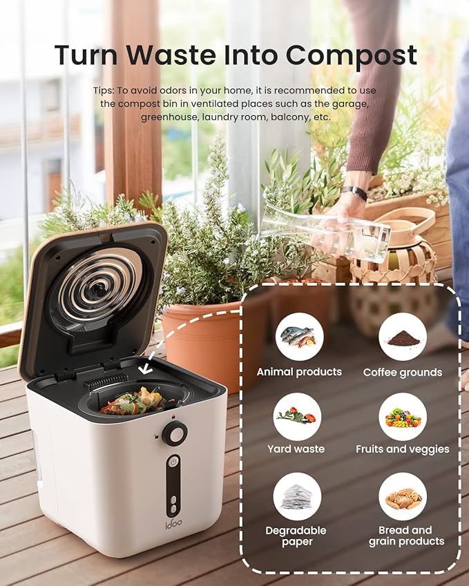 iDOO Electric Composter Kitchen, 3L Countertop Compost Bin, Odorless Compost Machine, Waste Disposal System Use for Kitchen, Garden & Outdoor, Turns Waste into Fertilizer, White