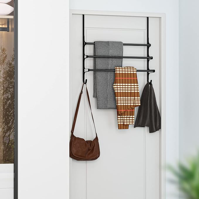 Over The Door Towel Rack, Triple Towel Storage Holder with Hooks, 24.02 Inches Towel Bar Hanger Towel Racks for Bathroom (Black)