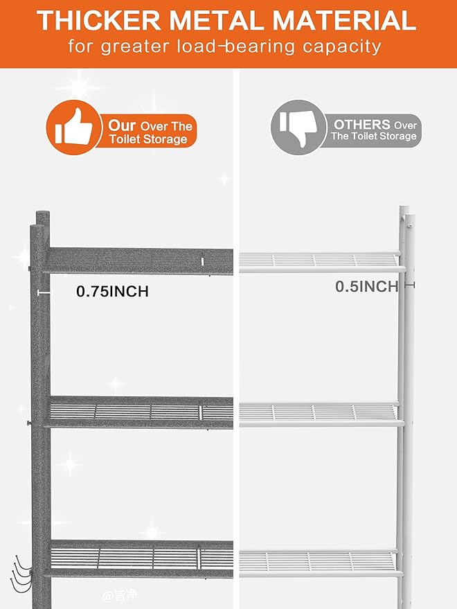 3 Tier Over The Toilet Storage Rack with 2 Basket, Metal Freestanding Bathroom Shelves Toilet with Paper Holder and 4 Hooks, Over Toilet Storage Shelf for Bathroom Storage, Snow Black