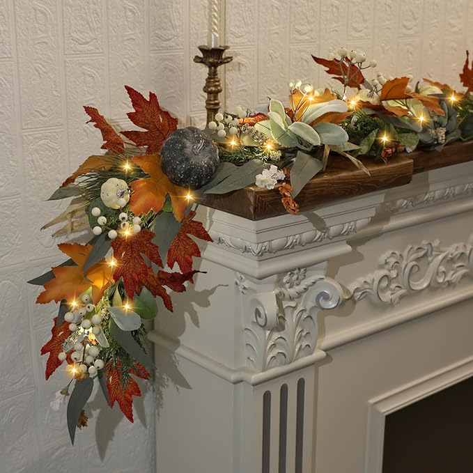 Realistic Fall Garland for Mantle 6 Ft Fall Maple Leaves Garlands with Lights/Timer Pumpkin Garland for Thanksgiving Outdoor Indoor Table Fireplace Autumn Decor Fall Decorations for Home Porch